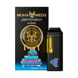 Muha Meds Blue Slushie Disposable vape pen on white background showing 1g capacity and hybrid blue raspberry flavor profile