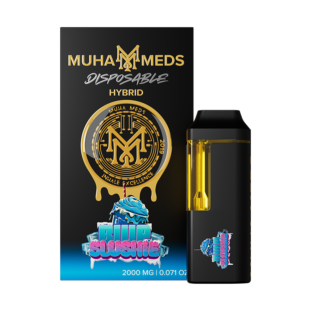 muha-meds-blue-slushie-disposable Muha Meds Blue Slushie Disposable vape pen on white background showing 1g capacity and hybrid blue raspberry flavor profile